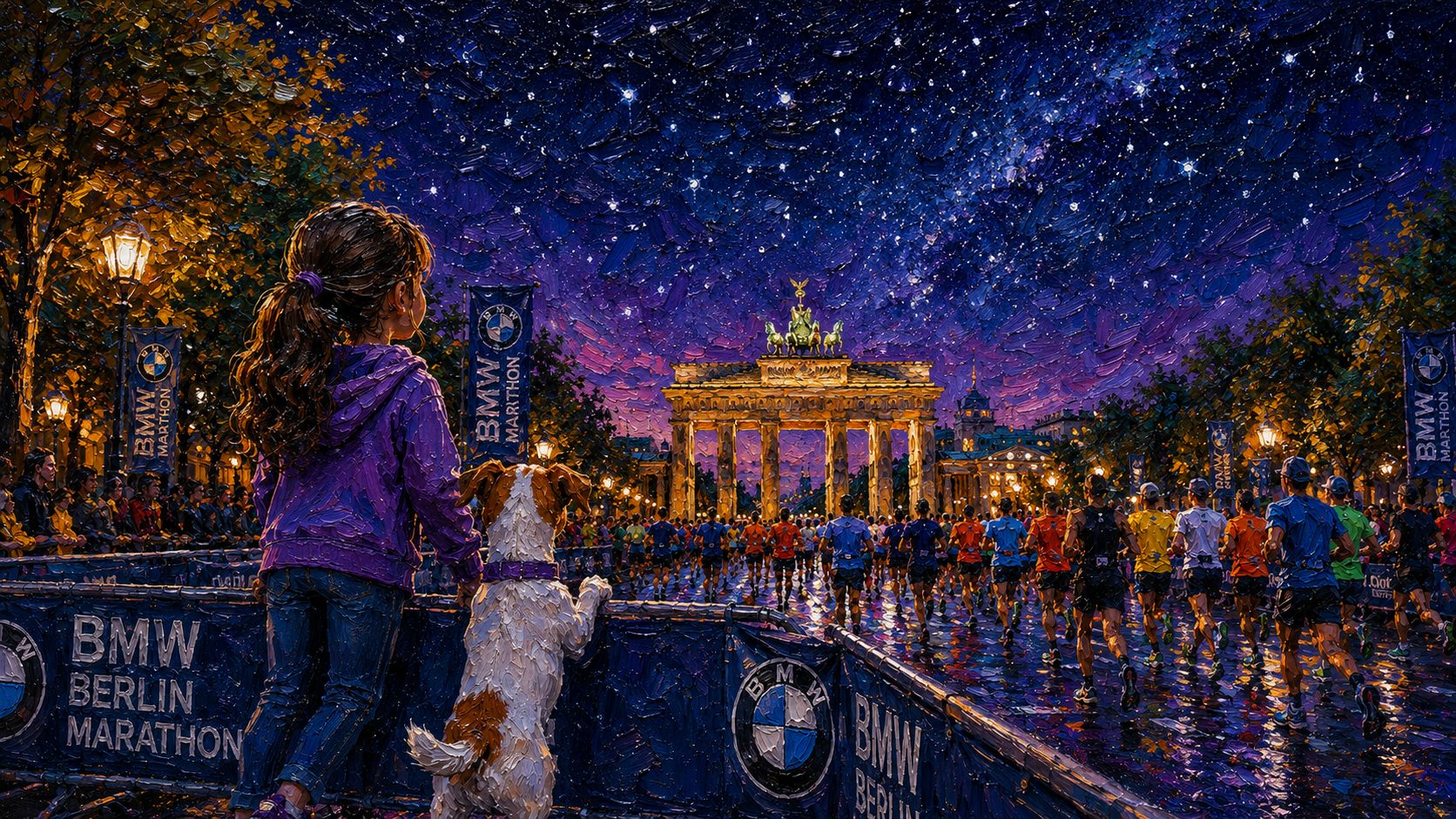 Berlin Marathon at night, a girl and her Jack Russell watching the runners