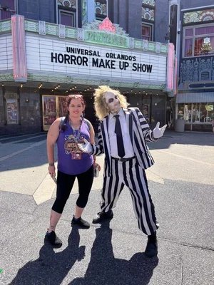 Rachel outside the Horror Make-Up Show with Beetlejuice